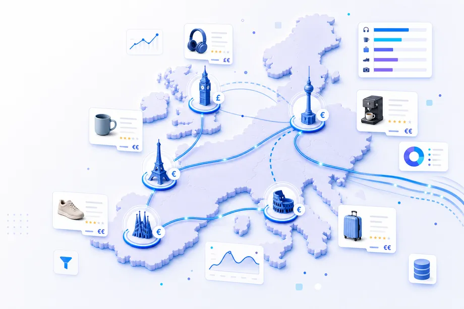 A bright technical illustration of Amazon's UK, German, French, Italian, and Spanish marketplaces connected by blue data paths across a Europe map. Product cards, euro and pound symbols, price tags, and category-rank indicators show how sellers compare localized demand and competition.