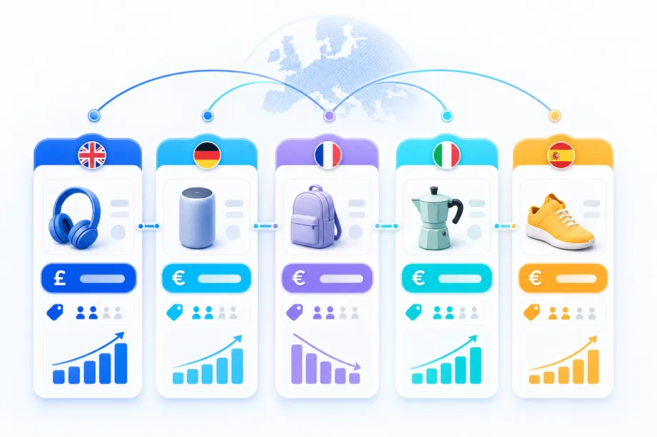 Bright technical infographic comparing Amazon UK, Germany, France, Italy, and Spain with local currency cards, offer signals, and category rank indicators