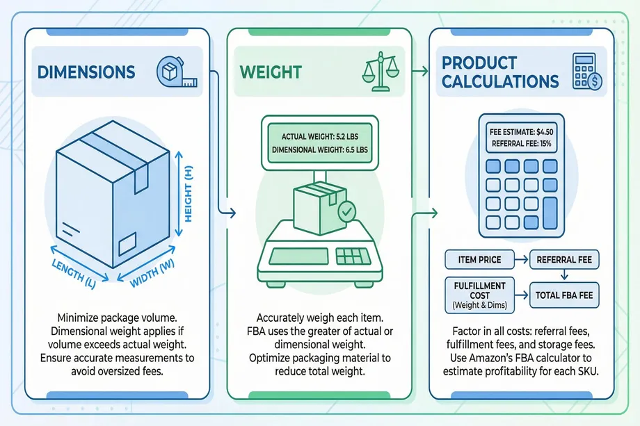 Three-step infographic explaining Amazon FBA fee calculation: package dimensions (length, width, height) feed into weight measurement (actual vs. dimensional weight), which determines product calculations including referral fee, fulfillment cost, and total FBA fee per SKU.