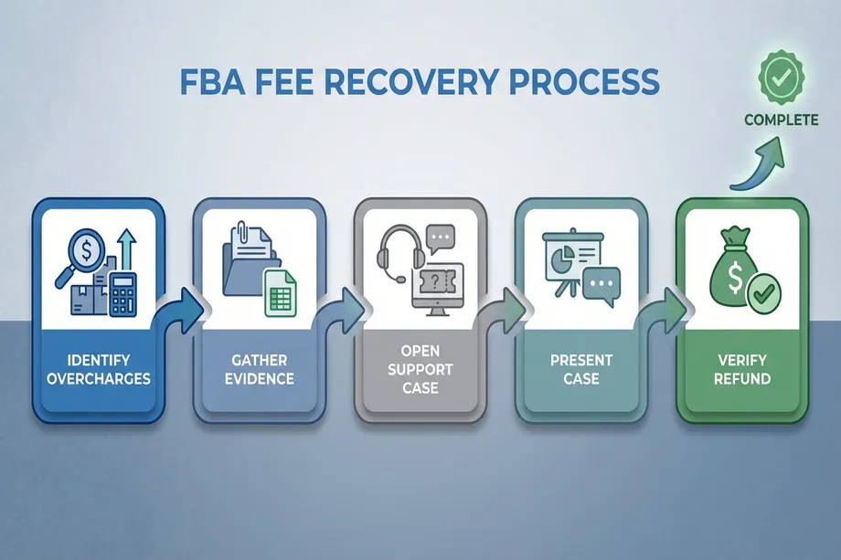 Five-step FBA fee recovery process infographic: identify overcharges, gather evidence, open support case, present case, and verify refund  ending with a green 
