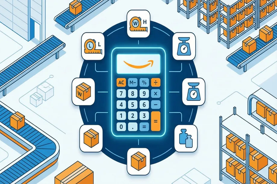 Illustration of an Amazon-branded calculator surrounded by package dimensions, weight, and measurement icons, set against a warehouse background with conveyor belts and shelves, representing Amazon FBA fee calculation.