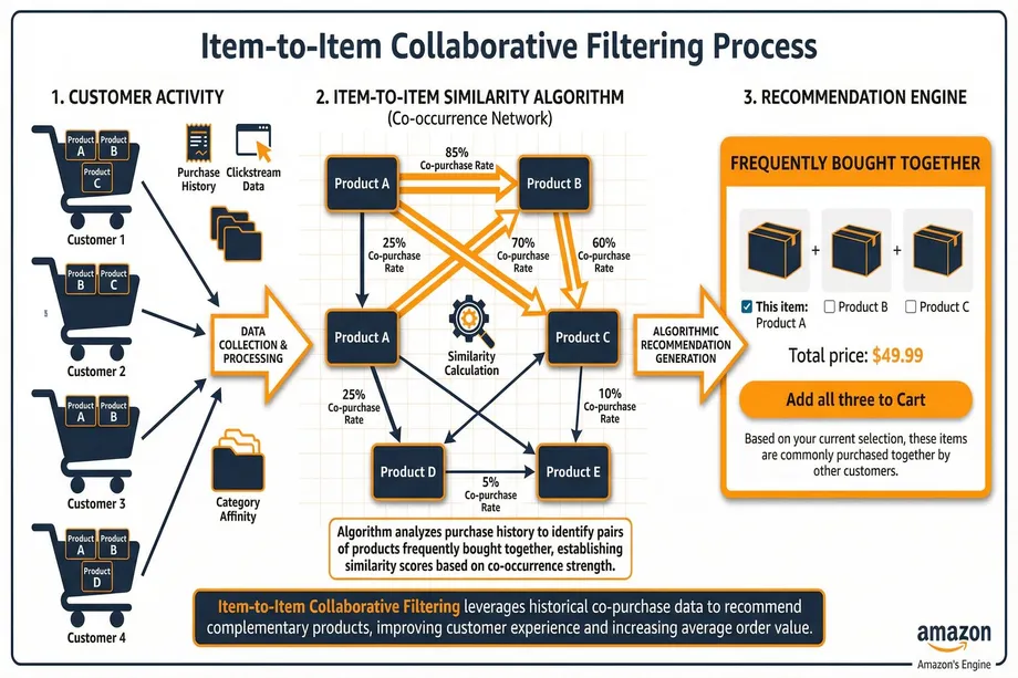 Diagram of Amazon's item-to-item collaborative filtering process: customer purchase history and clickstream data feed a co-occurrence similarity algorithm that calculates co-purchase rates between products, generating 