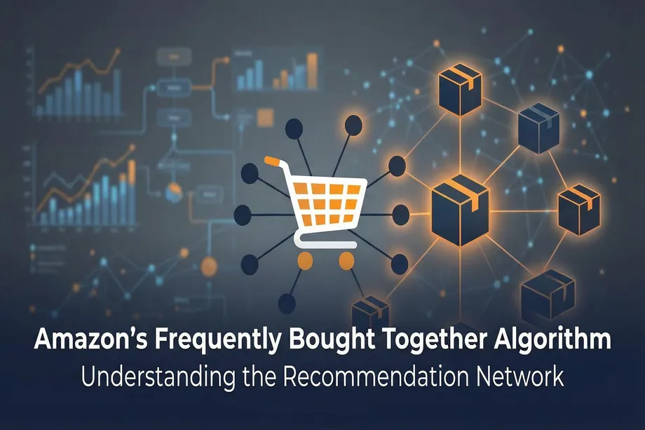 Illustration of Amazon's Frequently Bought Together algorithm showing a shopping cart connected to a glowing network of product boxes, representing the recommendation engine that links co-purchased items based on purchase patterns.