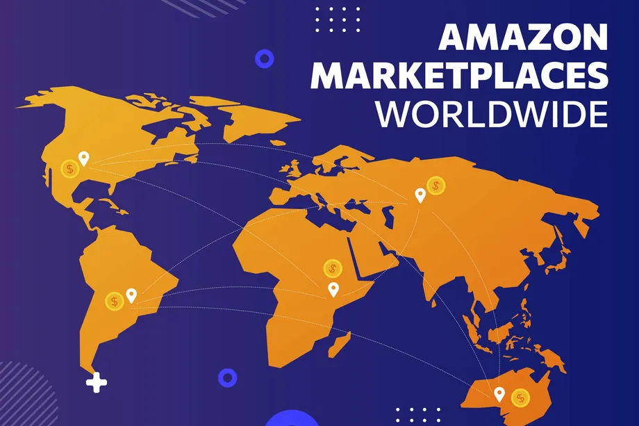 Illustration of a world map showing Amazon Marketplaces Worldwide, with dollar-sign location pins connected by dotted lines across North America, South America, Europe, Middle East, and Australia.