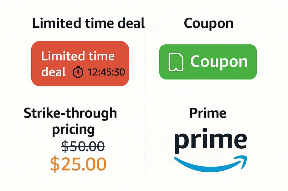 Four-quadrant reference guide illustrating Amazon discount types: a red limited time deal badge with countdown timer, a green coupon badge, strike-through pricing showing $50.00 reduced to $25.00, and the Amazon Prime logo.