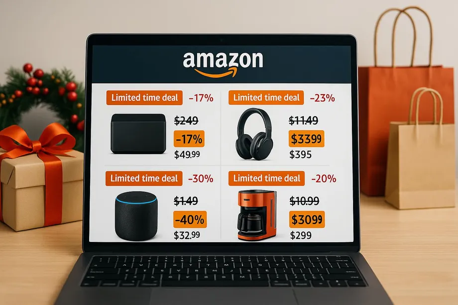 Laptop displaying Amazon limited time deals on four electronics  a Bluetooth speaker at 17% off, headphones at 23% off, an Echo Dot at 30% off, and a coffee maker at 20% off  surrounded by Christmas gifts and shopping bags, representing Amazon holiday deal tracking.