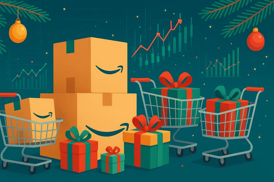 Illustration of Amazon packages and colorful gift boxes surrounded by shopping carts, with rising stock charts and Christmas tree branches in the background, symbolizing holiday e-commerce growth.