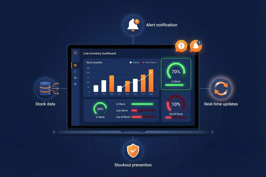 Illustration of a laptop displaying a live inventory dashboard with stock quantity charts and gauges showing 70% in stock and 10% out of stock, surrounded by icons representing stock data, alert notifications, real-time updates, and stockout prevention.