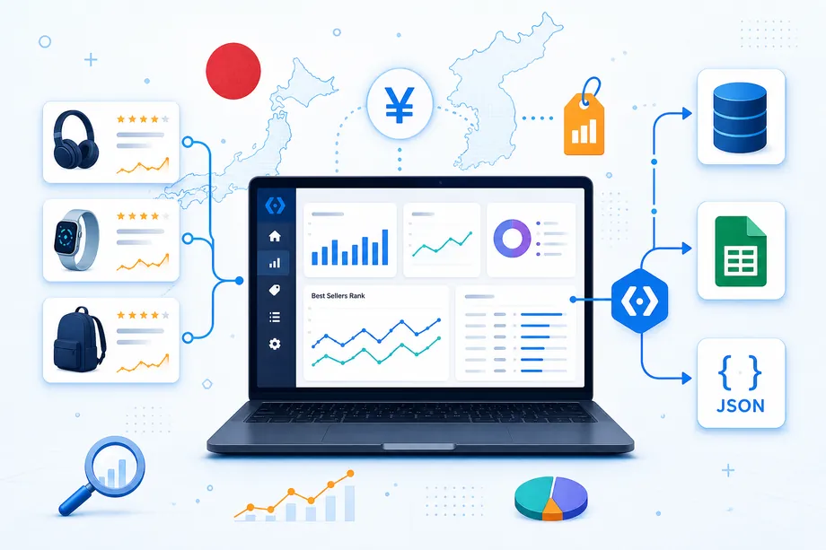 A technical illustration of Amazon Japan market research showing a laptop dashboard, a map of Japan, yen pricing, product cards, BSR charts, and structured data outputs for evidence-based marketplace entry.
