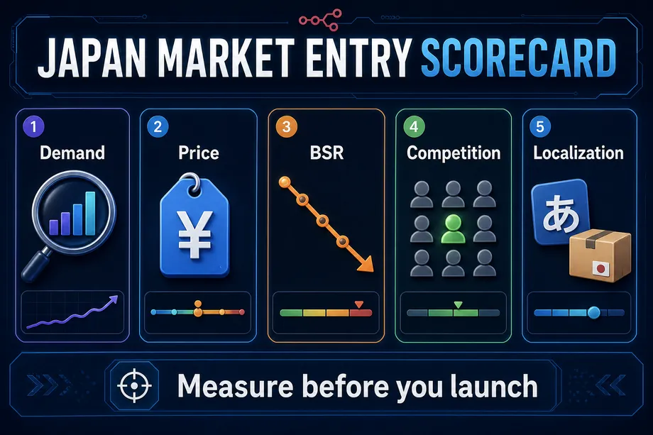 Dark technical infographic showing five Amazon Japan market entry research pillars: demand, price, BSR, competition, and localization.