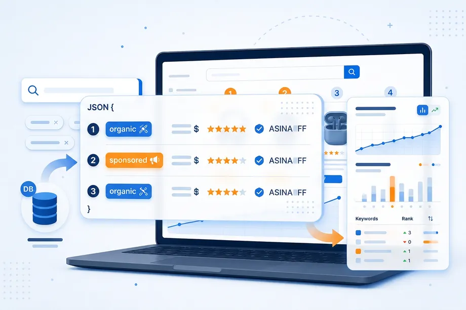 Structured Easyparser SEARCH API data showing organic and sponsored product positions, product attributes, and a database-ready keyword rank tracking workflow.