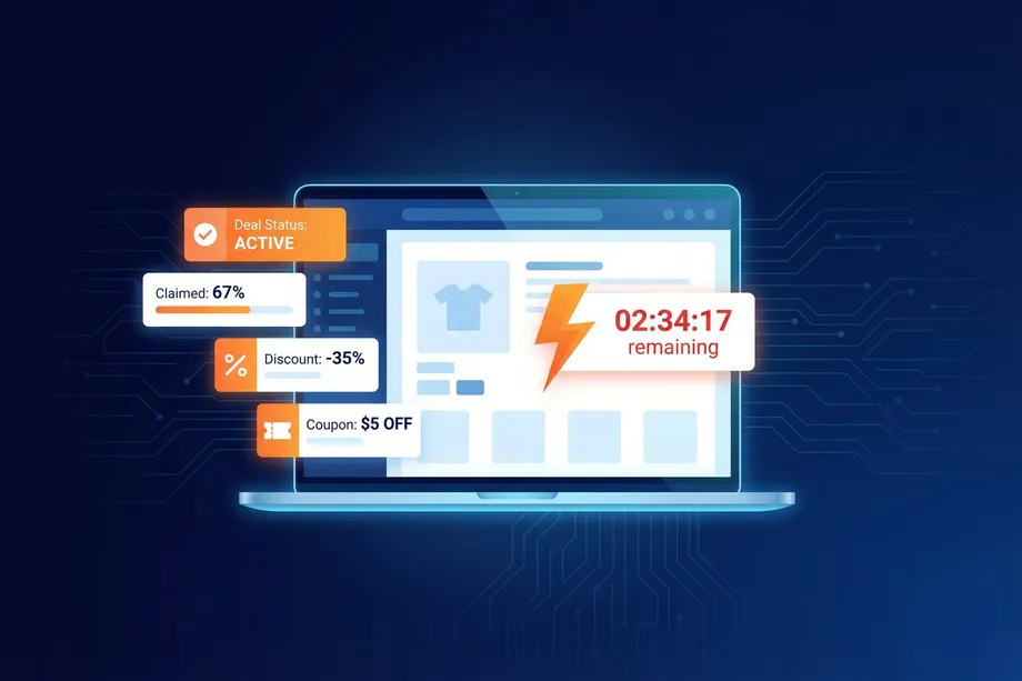 Illustration of a laptop displaying an e-commerce product page with overlaid data badges showing an active deal status, 67% claimed, 35% discount, $5 coupon, and a countdown timer with 2 hours 34 minutes remaining.