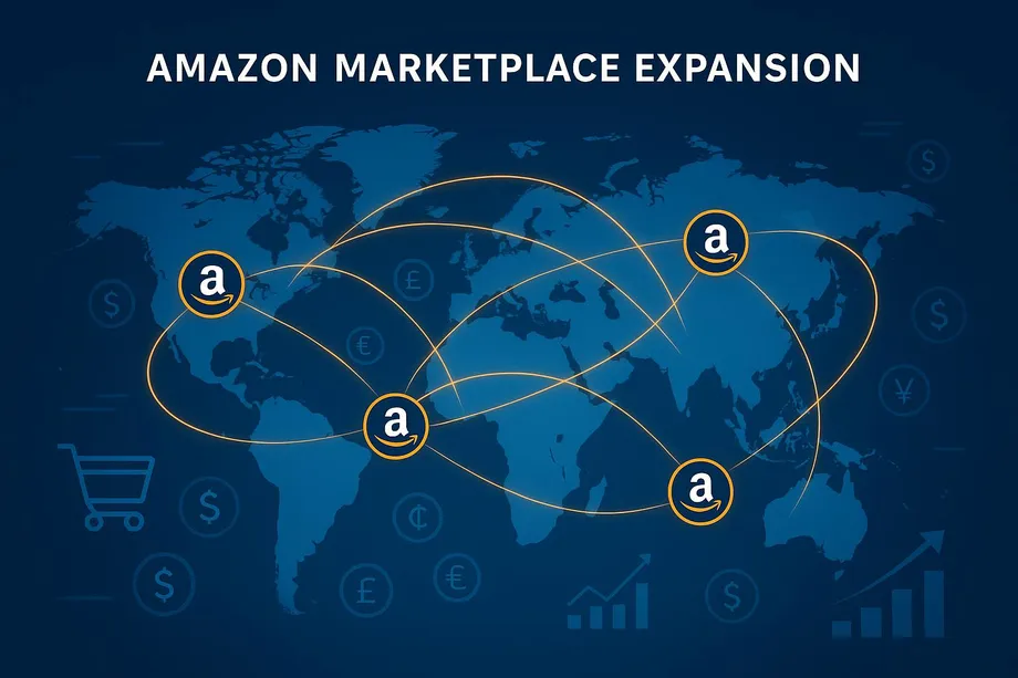 Illustration of Amazon Marketplace Expansion showing four Amazon nodes connected by golden arcs across a world map, with multiple currency symbols (USD, EUR, GBP, JPY) and a rising sales chart, representing global e-commerce growth.