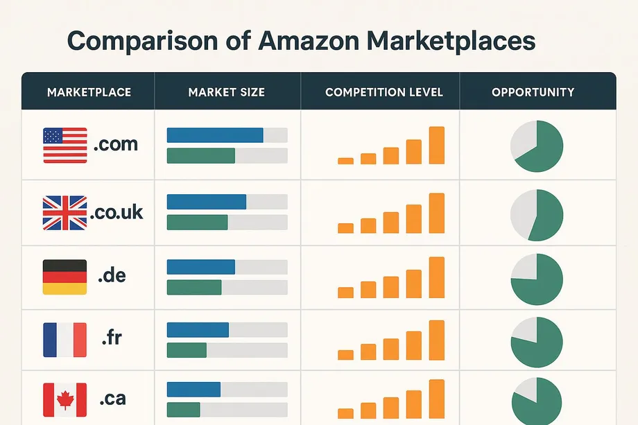 Diagram comparing five Amazon marketplaces US (.com), UK (.co.uk), Germany (.de), France (.fr), and Canada (.ca) across three dimensions: market size, competition level, and opportunity, visualized with bar charts and pie charts for each country.
