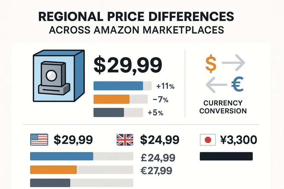 Diagram showing regional price differences for the same product across Amazon marketplaces: US at $29.99, UK at £24.99 ($24.99 USD equivalent), and Japan at ¥3,300, with percentage variance bars and a currency conversion indicator.