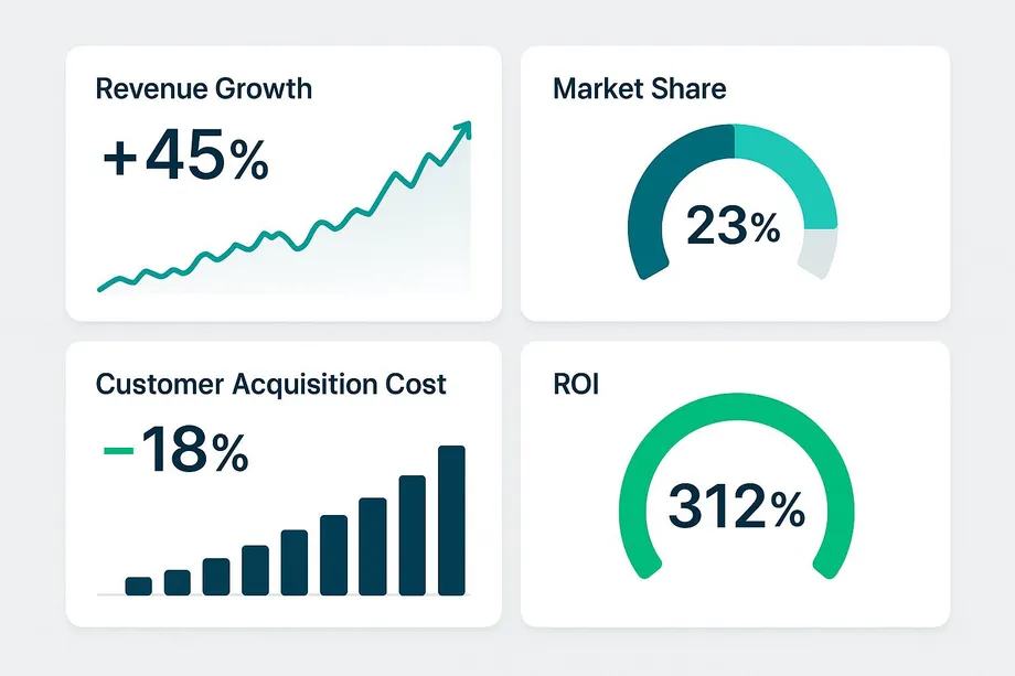 Illustration of a business performance dashboard showing four key metrics: Revenue Growth at +45%, Market Share at 23%, Customer Acquisition Cost reduced by 18%, and ROI at 312%.