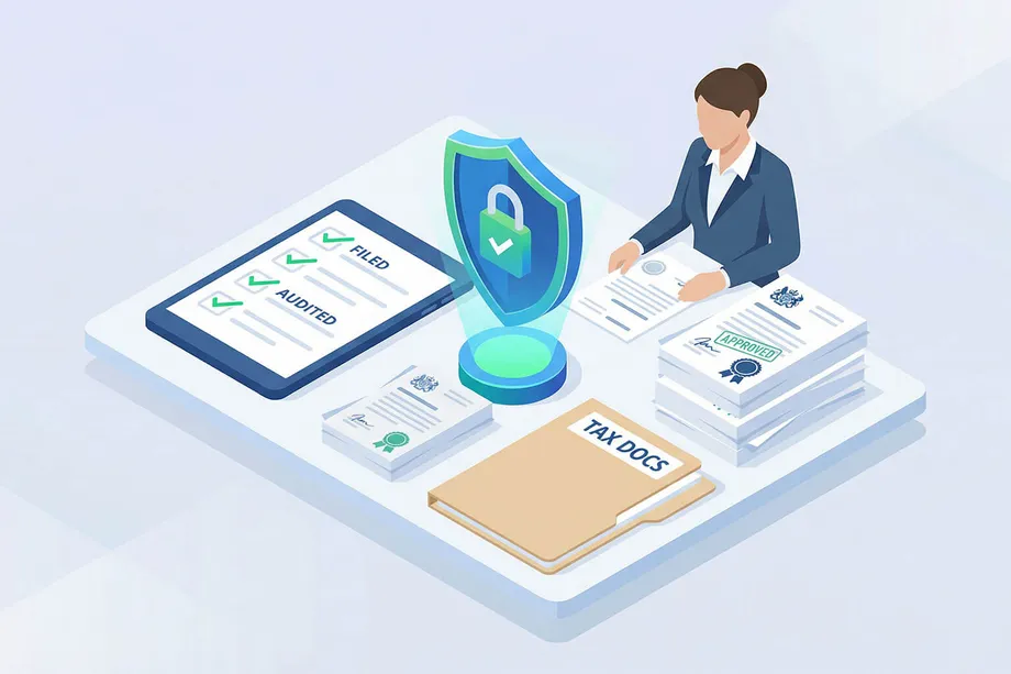 Isometric illustration of a professional reviewing filed and audited tax compliance documents alongside a tax docs folder, approved certificates, and a glowing security shield, representing secure e-commerce tax filing and audit protection.