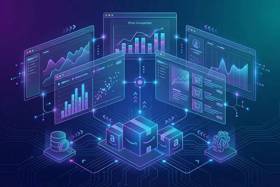 Futuristic isometric illustration of Amazon product data analytics, showing multiple glowing dashboards with price comparison charts, sales trends, and scatter plots connected to Amazon-branded packages on a dark blue-purple circuit board background.