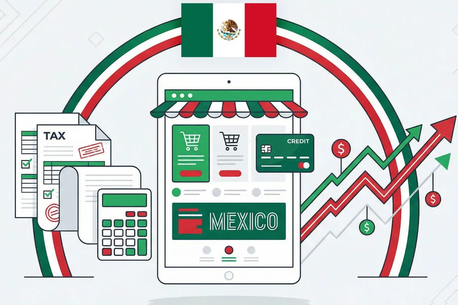 Illustration of Mexico e-commerce market growth featuring a tablet displaying an online store, alongside tax documents, a calculator, a credit card, and upward trending growth charts framed by the Mexican flag colors.