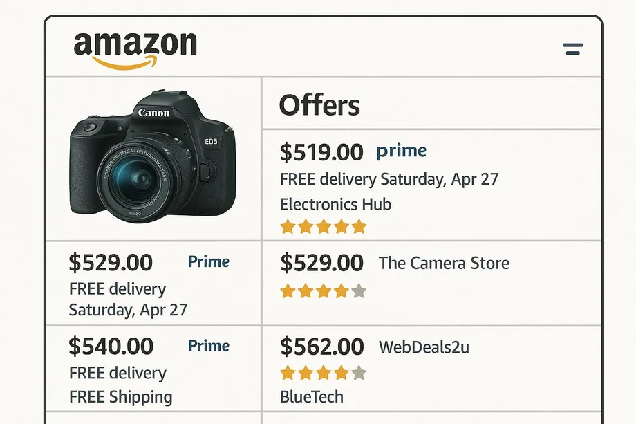 Amazon offers page for a Canon EOS DSLR camera showing four sellers  Electronics Hub, The Camera Store, WebDeals2u, and BlueTech  with prices ranging from $519 to $562, Prime eligibility, free delivery dates, and seller star ratings.