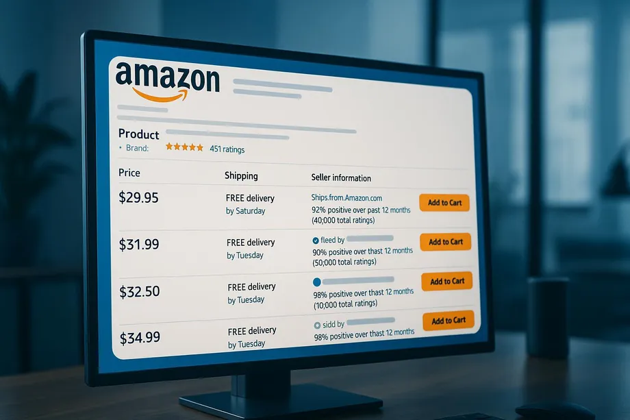 Desktop monitor displaying an Amazon product offer listing page comparing four sellers at prices from $29.95 to $34.99, each with free delivery and seller ratings ranging from 90% to 98% positive over 12 months, representing Amazon multi-seller price and offer data extraction.