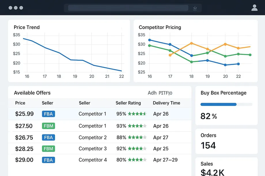 Amazon competitive pricing dashboard showing a declining price trend chart, multi-seller competitor pricing lines, an available offers table with FBA and FBM sellers rated 80â€“95%, and key metrics including 82% Buy Box percentage, 154 orders, and $4.2K in sales.