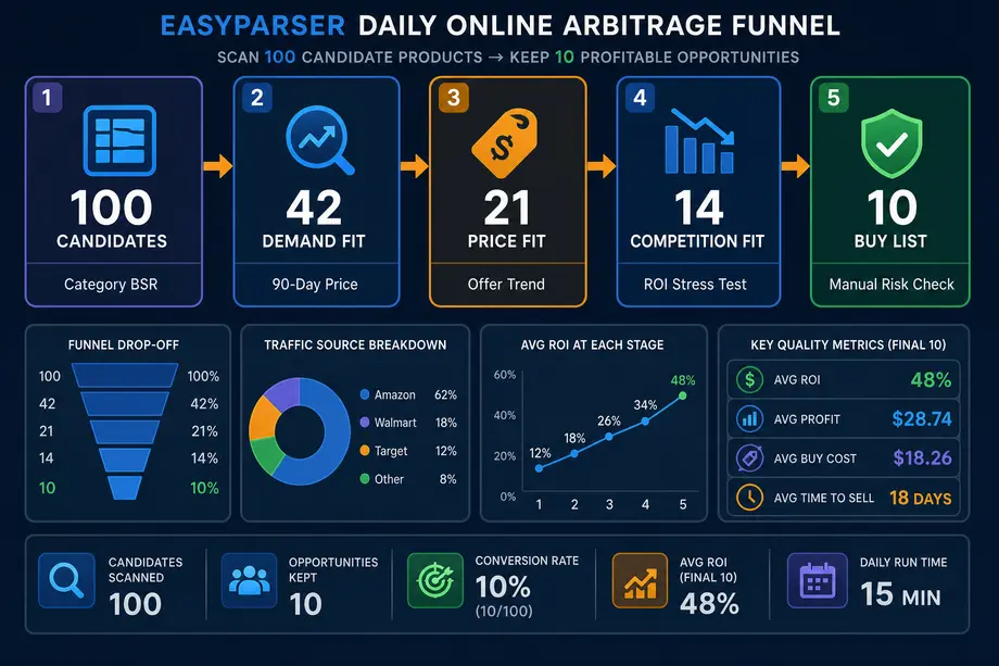 Illustrative daily online arbitrage funnel reducing 100 candidates through demand, price, competition, profit, and risk checks to a 10-product buy list.
