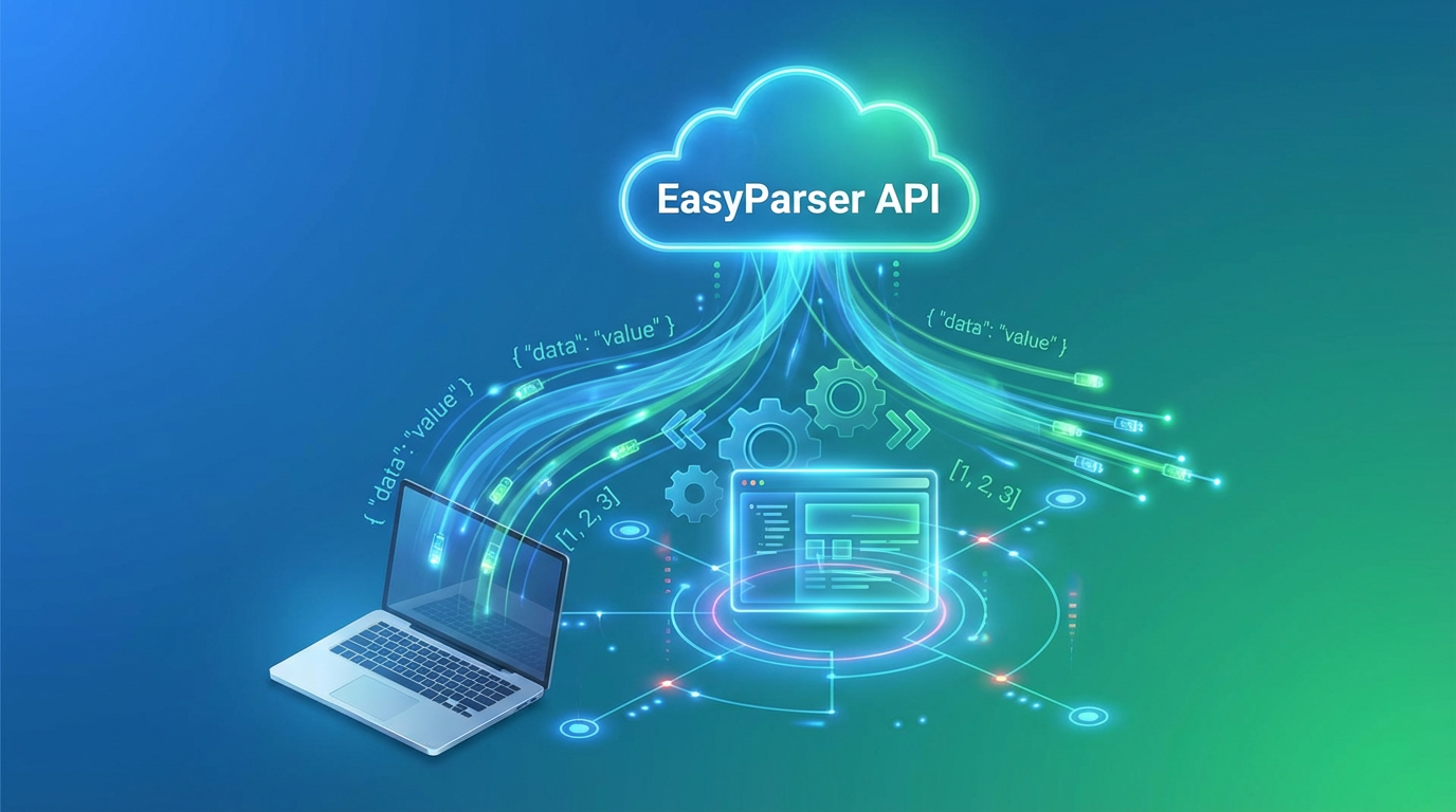 An abstract graphic showing data flowing from the Easyparser API into a computer, representing automation.