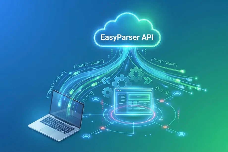 Easyparser API cloud platform streaming JSON data flows to a laptop and a structured data interface, with glowing teal and green data streams carrying key-value pairs and array outputs on a dark blue-green background.