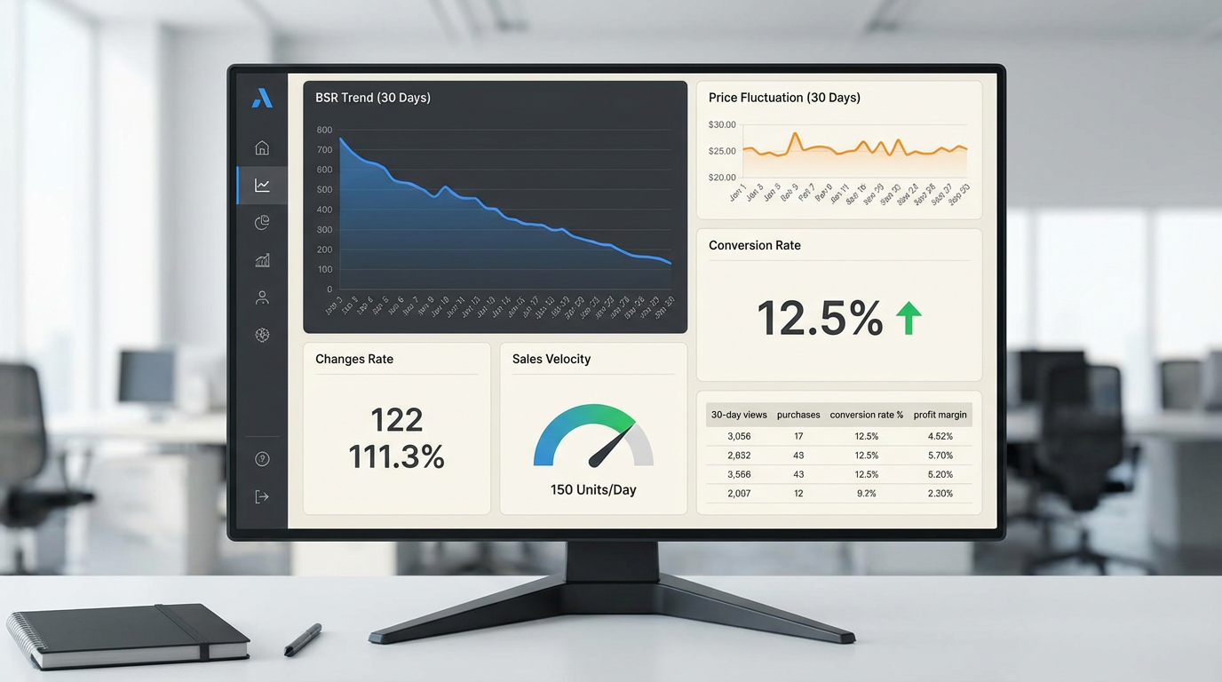 A dashboard showing various data points like BSR, price history, and sales velocity, illustrating the data analysis step.