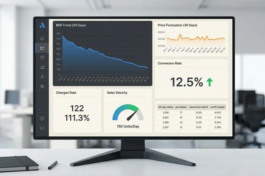 Office monitor displaying an Amazon seller analytics dashboard with a 30-day declining BSR trend chart, price fluctuation graph, 12.5% conversion rate, 150 units/day sales velocity, and a performance table showing views, purchases, and profit margins.