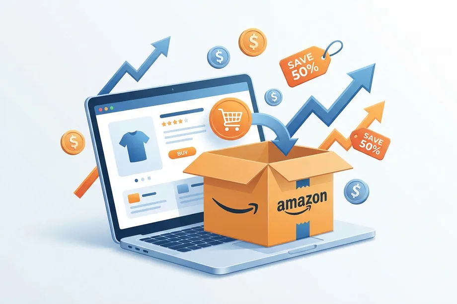 Illustration of an Amazon product listing on a laptop with an open Amazon box in the foreground, surrounded by upward growth arrows, dollar coins, and 50% discount tags, representing Amazon sales growth and promotional strategy.