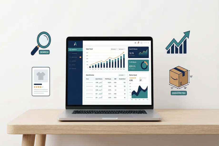 Laptop on a wooden desk displaying an Amazon seller analytics dashboard with sales trend charts, search volume of 13.7K, and 29.3% profit margin, surrounded by icons for search, product reviews, growth trends, and Amazon FBA package dimensions.