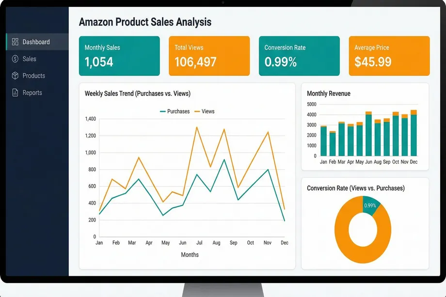 Amazon Product Sales Analysis dashboard displayed on a monitor, showing 1,054 monthly sales, 106,497 total views, 0.99% conversion rate, and $45.99 average price, with weekly sales trend, monthly revenue bar chart, and conversion rate donut chart.