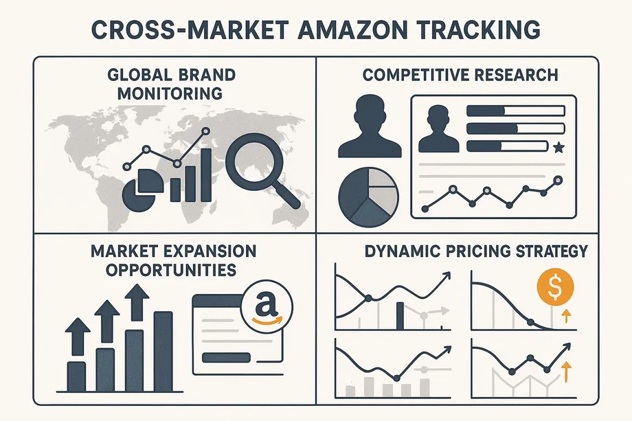 Diagram showing four key aspects of Cross-Market Amazon Tracking: Global Brand Monitoring with a world map and analytics, Competitive Research with competitor profiles and trend charts, Market Expansion Opportunities with growth arrows and Amazon listing, and Dynamic Pricing Strategy with multiple price trend graphs.