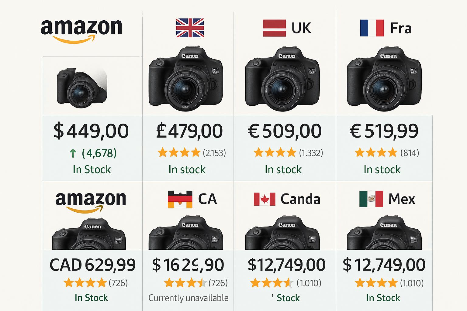 Canon camera price and availability comparison across US, UK, Germany, France, Canada, and Mexico Amazon marketplaces