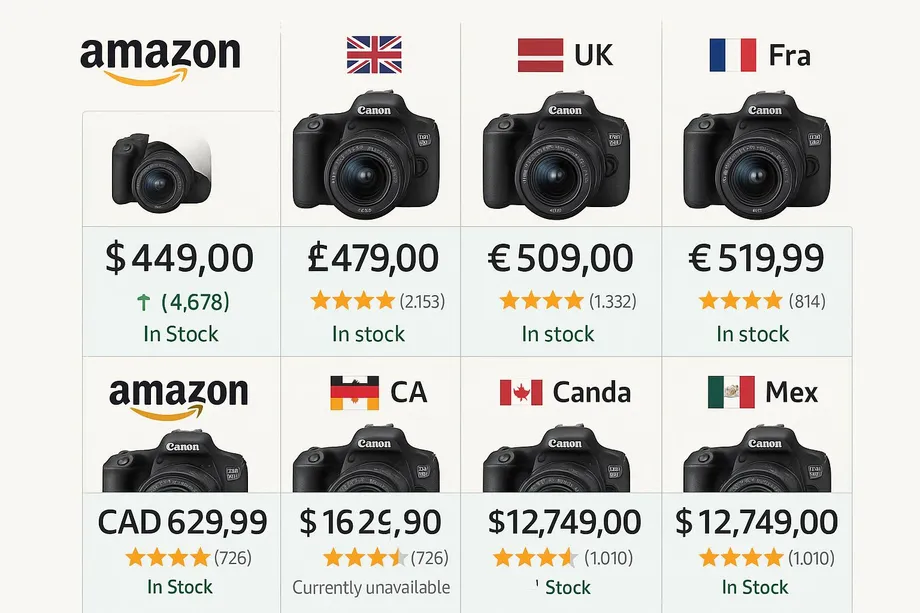 Diagram comparing Canon DSLR camera prices across eight Amazon marketplaces: US ($449), UK (Â£479), Latvia (â‚¬509), France (â‚¬519.99), Canada (CAD 629.99), Germany ($1,629.90), and Mexico ($12,749), showing stock availability and star ratings for each region.