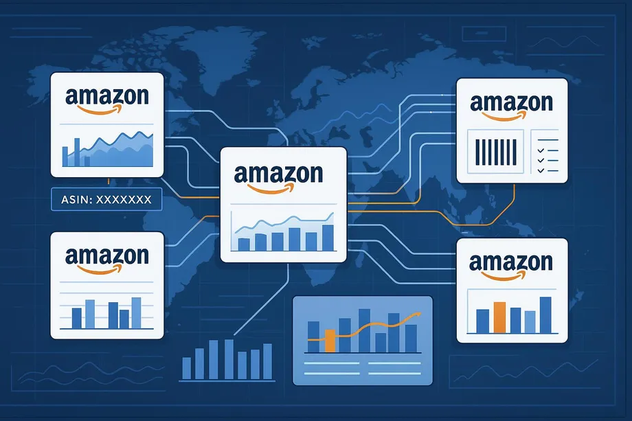 Illustration of a central Amazon analytics dashboard connected to multiple Amazon data cards  including ASIN tracking, barcode listings, and sales charts  mapped across a world map, representing global product data monitoring.