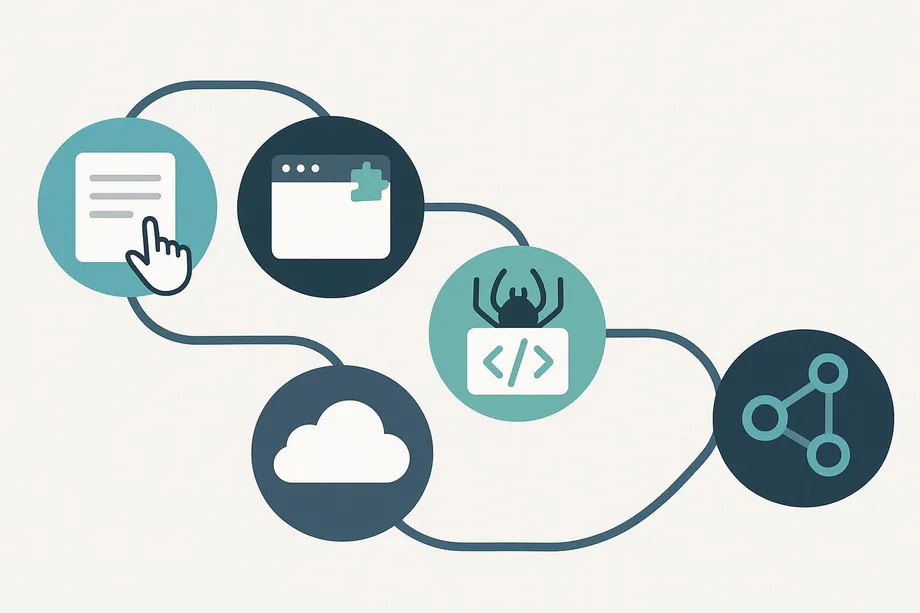 Illustration of a web scraping and data pipeline workflow showing five connected nodes: a document click icon, a browser extension, a cloud storage icon, a web spider with code tags, and a data sharing network icon.