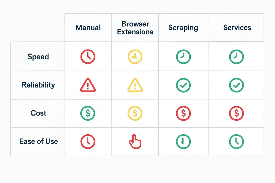 Comparison table evaluating four Amazon data collection methods  Manual, Browser Extensions, Scraping, and Services  across four criteria: Speed, Reliability, Cost, and Ease of Use, using red, yellow, and green icons to indicate poor, moderate, and good performance respectively.
