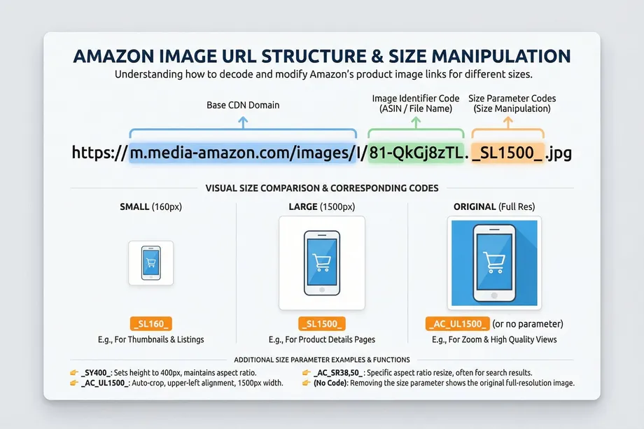 Infographic explaining e-commerce product image URL structure and size manipulation, breaking down the CDN domain, image identifier, and size parameter codes, with visual examples comparing small 160px thumbnail, large 1500px, and original full resolution image sizes.