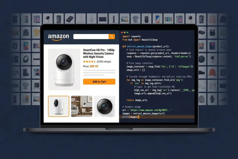 Illustration of a laptop displaying an e-commerce product page alongside a Python web scraping script using BeautifulSoup to extract product image URLs, set against a background grid of various product thumbnails.