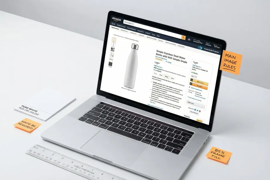 Photograph of a laptop displaying an e-commerce product listing for a stainless steel water bottle, surrounded by sticky notes and a ruler indicating main image rules: pure white background RGB 255,255,255, white background required, and 85% frame fill.