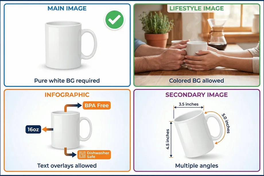 Infographic illustrating four e-commerce product image types using a white mug as example: main image with pure white background, lifestyle image with colored background allowed, infographic with text overlays, and secondary image showing product dimensions from multiple angles.