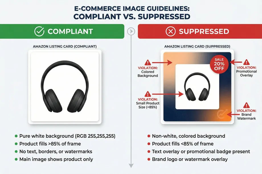 Infographic comparing compliant versus suppressed e-commerce product listing images using a headphone example, showing four violations that cause suppression: colored background, promotional overlay, small product size under 85%, and brand watermark.
