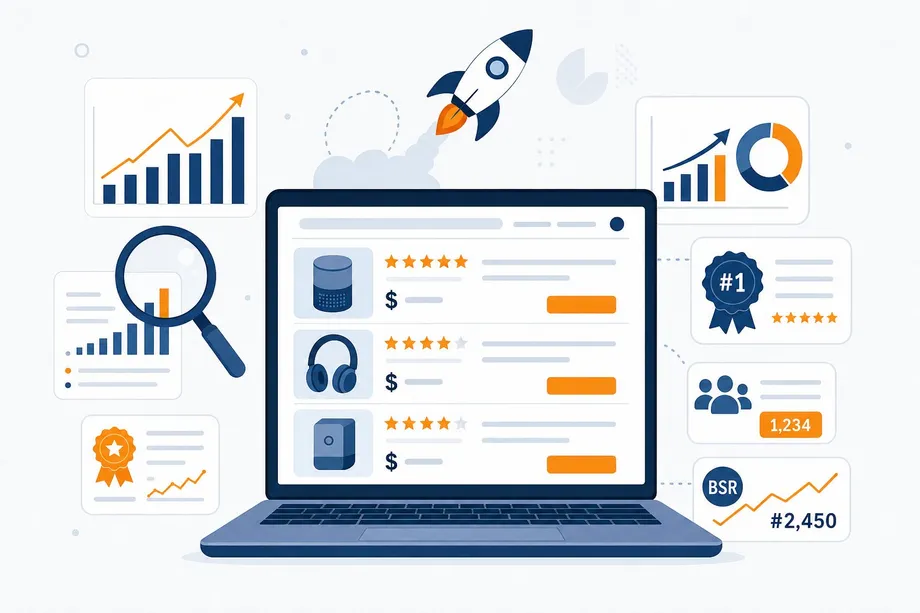 Professional illustration of Amazon product research and competitive analysis showing a laptop with product listings, BSR rankings, growth charts, and analytical data cards for market entry strategy.