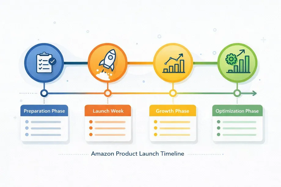 Amazon product launch timeline showing four phases: preparation with competitive analysis, launch week with PPC campaigns, growth phase building sales velocity, and optimization phase for organic rank improvement.