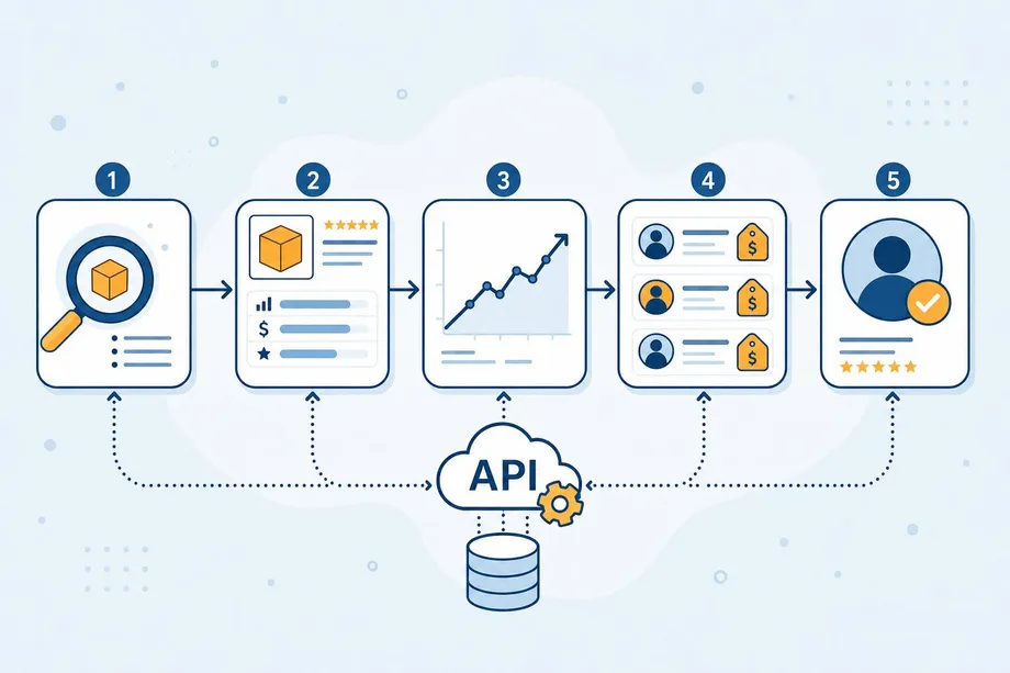 Five-step Amazon product research workflow: competitor search, product detail analysis, sales trend tracking, offer competition review, and seller profile assessment powered by API data pipeline.