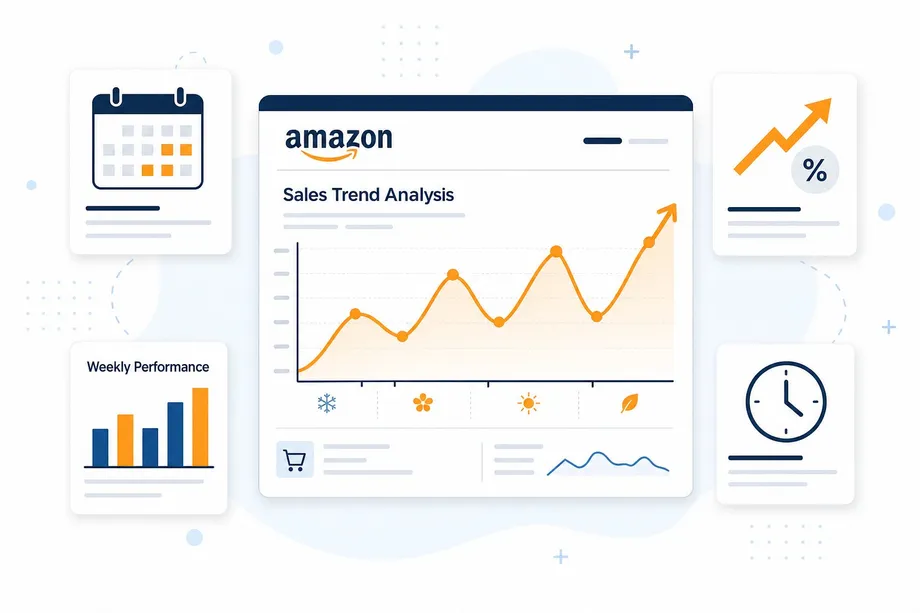 Amazon sales trend analysis dashboard showing seasonal demand patterns, weekly performance metrics, and growth indicators for data-driven product research decisions.