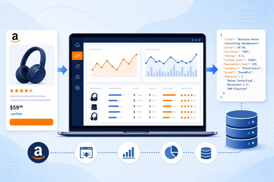 A visual representation of an Amazon seller analyzing product data charts, BSR trends, and sales history on a dashboard to validate a product idea before launch.